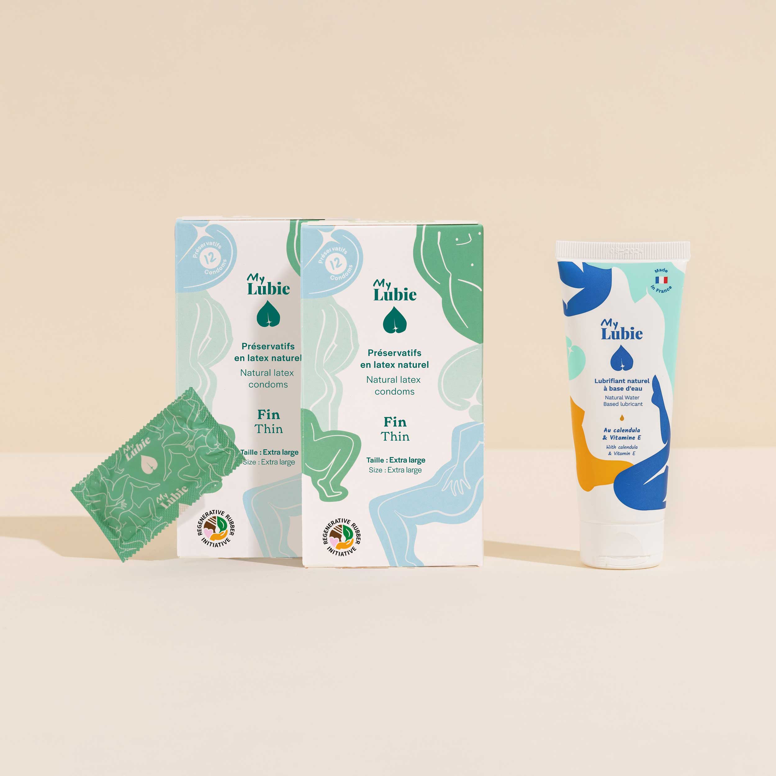 my lubie duo de préservatifs en latex naturel ultra fins taille XL et le lubrifiant naturel fluide vegan