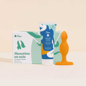 Explorations, le coffret My Lubie, lubrifiant naturel riche, menottes en soie, aube le plug anal