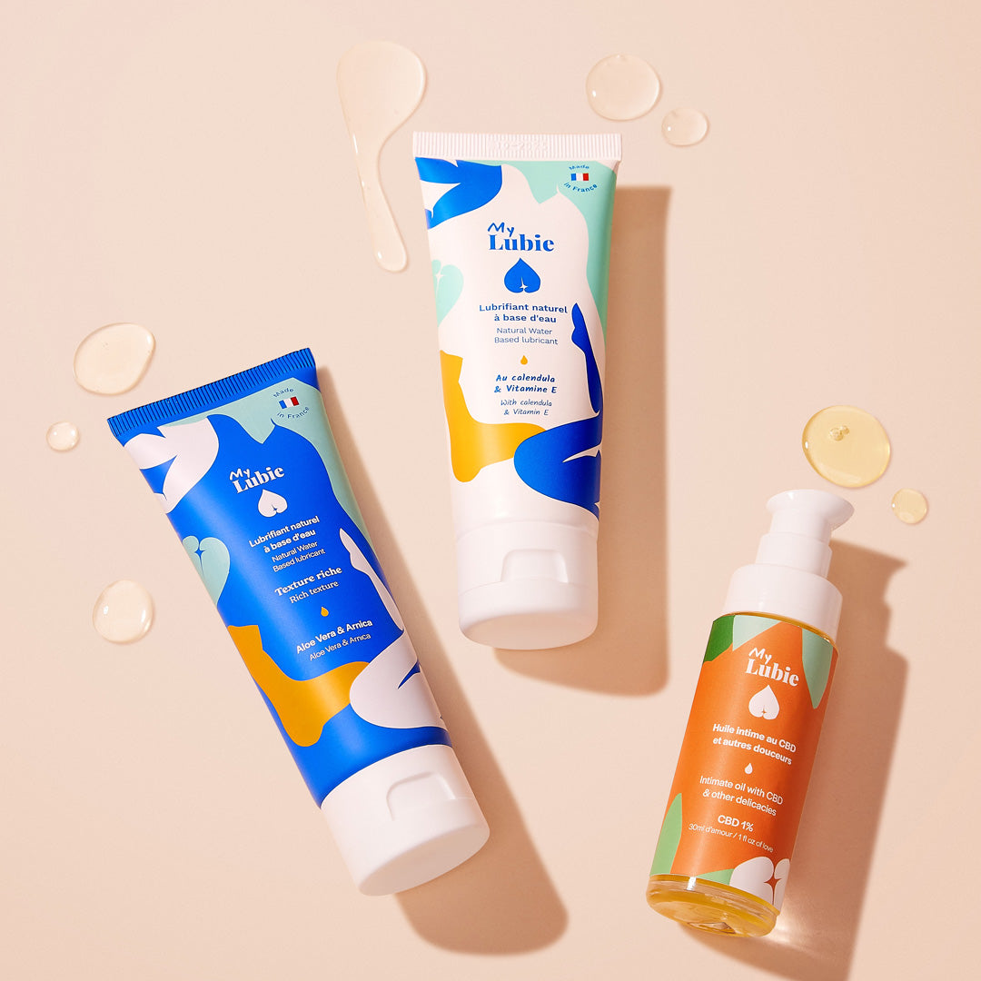 trio de lubrifiants, duo de lubrifiants naturels fluide et riche, et huile intime au cbd